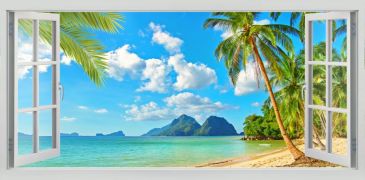 Фотообои Открытое окно на пляж с пальмами