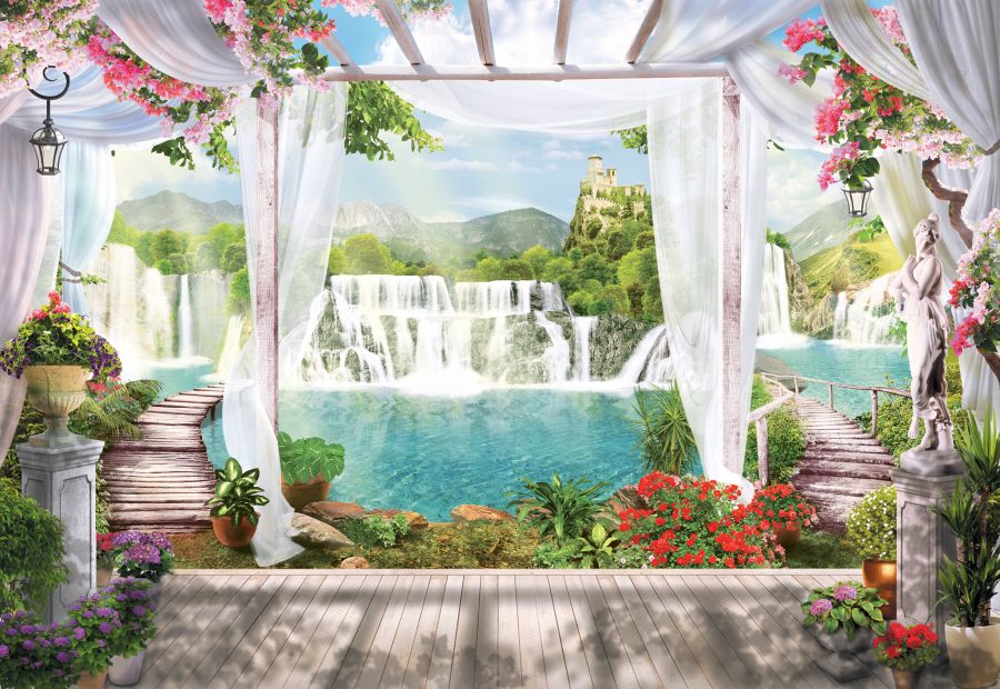 Картина на холсте веранда с видом на водопад, арт hd0866801