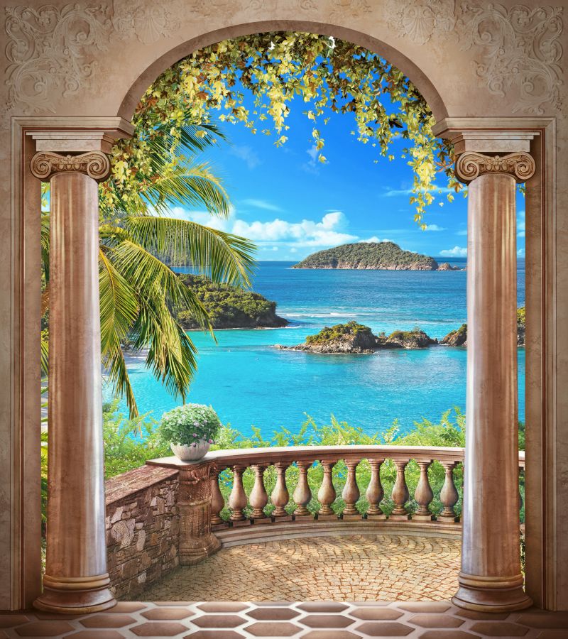 Картина на холсте Балкон с колоннами c видом на море, арт hd0867601