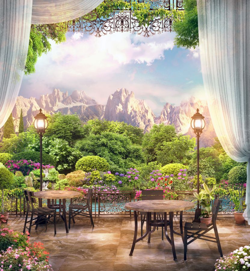 Картина на холсте летнее кафе с видом на горы, арт hd0889101