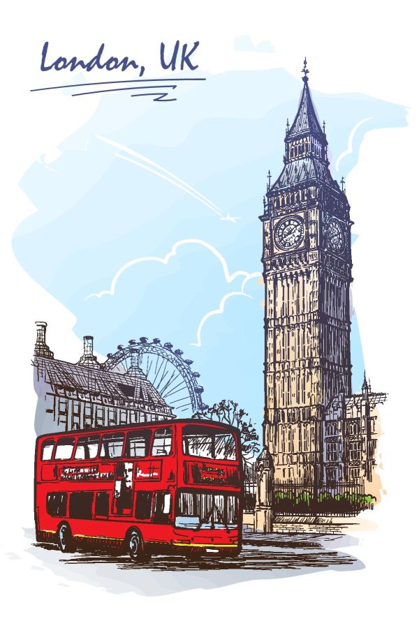 Картина на холсте панорама лондона рисунок, арт hd1360401