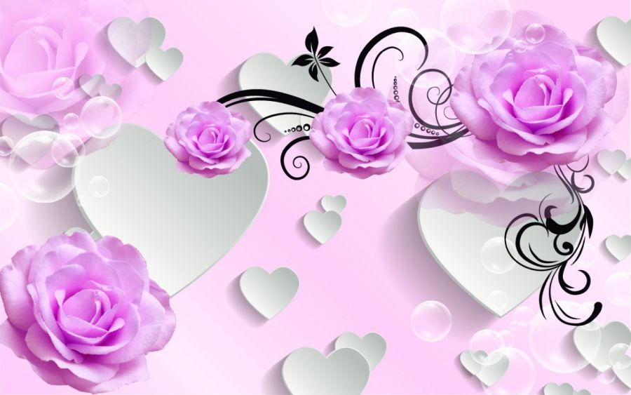 Фреска Сердца и нежно-сиреневые розы