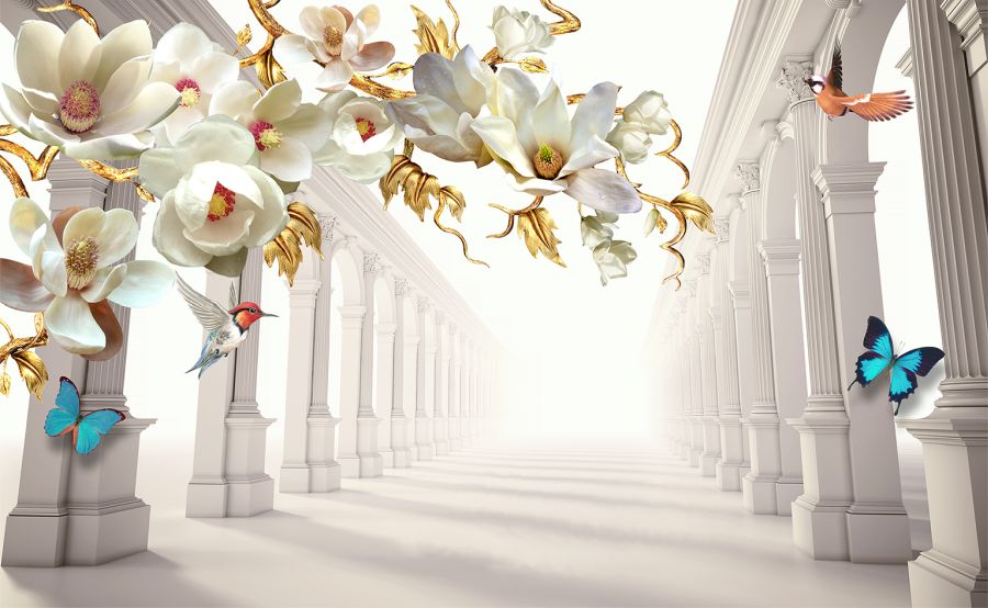 Фреска 3D Цветы и колонны с яркими бабочками