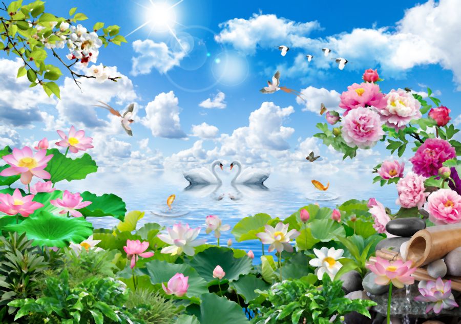 Картина на холсте Лебеди и цветы, арт hd1837401