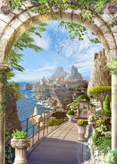 Картина на холсте Арка с видом на море и город, арт hd0598501