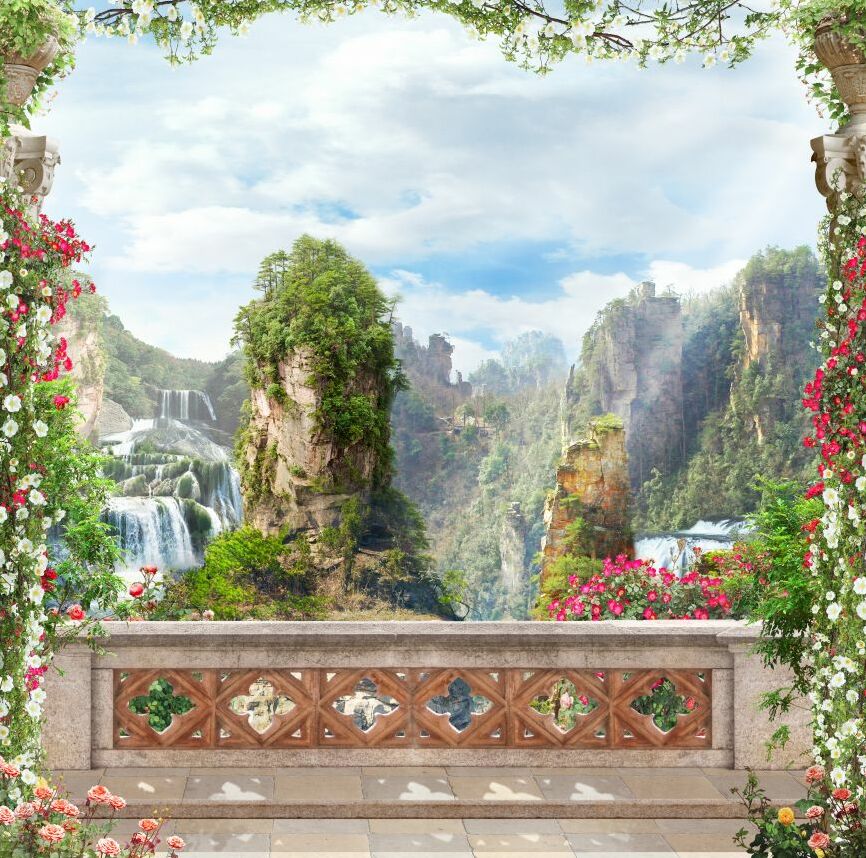 Картина на холсте Балкон с цветами и водопад, арт hd0862801