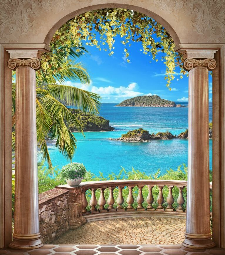 Картина на холсте Балкон с колоннами c видом на море, арт hd0867601