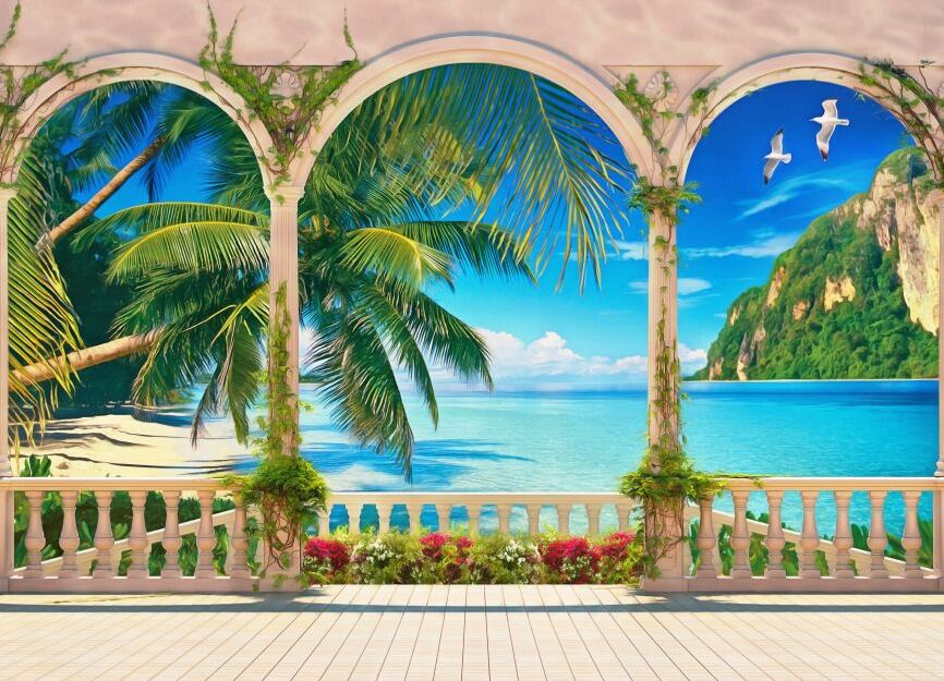 Картина на холсте Терраса с тремя арками у моря, арт hd0874701