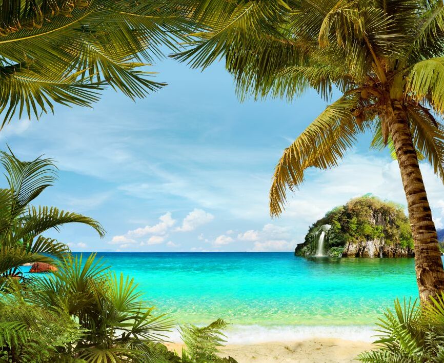 Картина на холсте берег с пальмами на острове и голубым морем, арт hd0880101