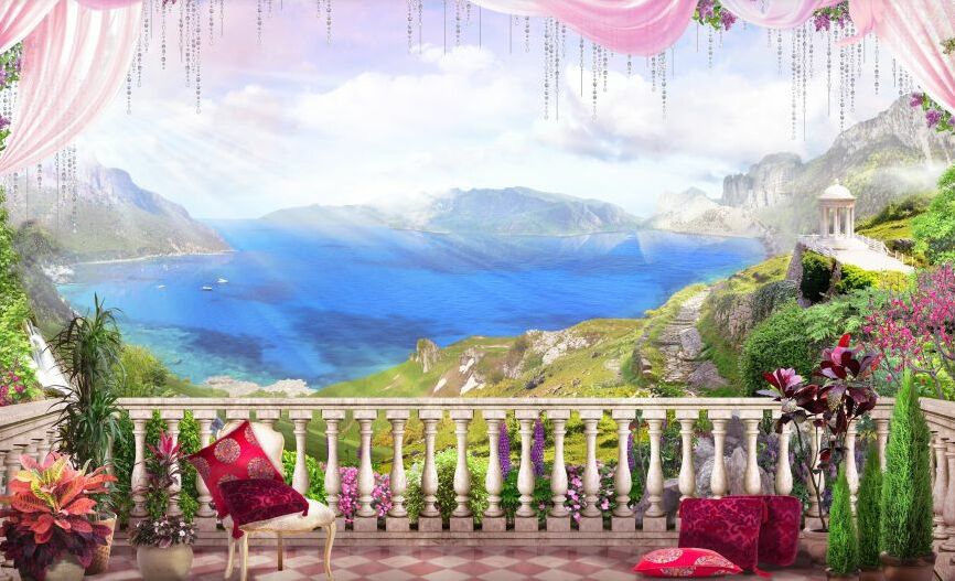 Картина на холсте балкон с подушками с видом на природу, арт hd0885901