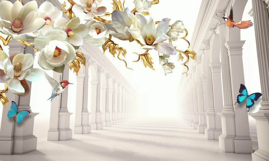 Картина на холсте 3D Цветы и колонны с яркими бабочками, арт hd1499501