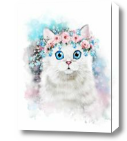 Картина белая кошка в цветочном венке