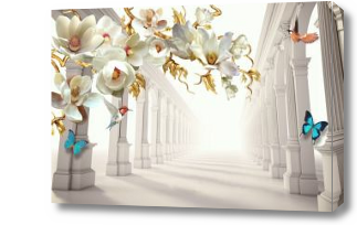 Картина 3D Цветы и колонны с яркими бабочками